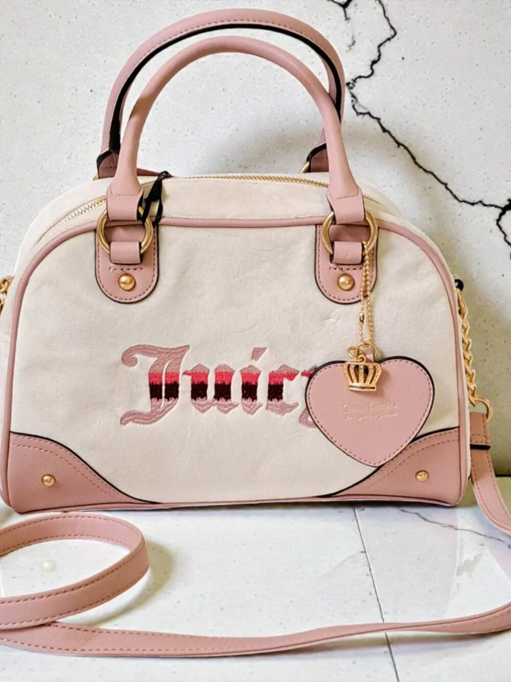 Juicy Couture Retro Vibe Bowler Satchel Pink & Cream Velour Y2K NWT